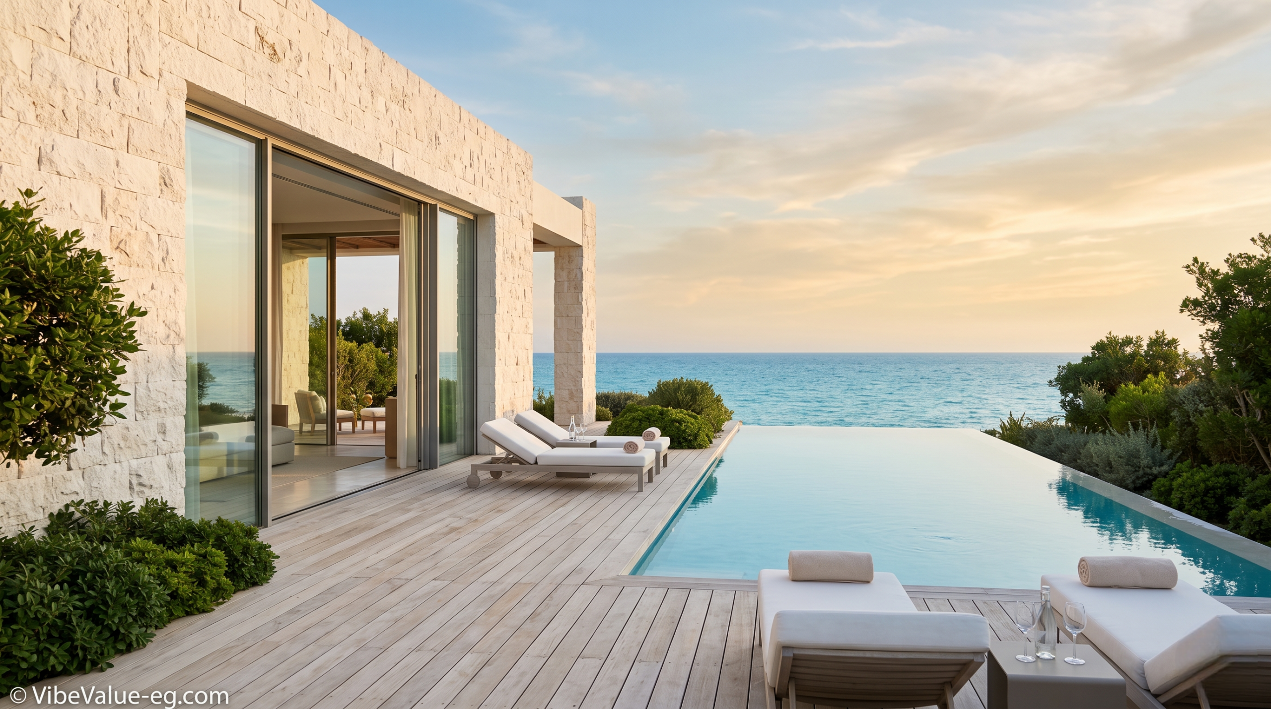 Private luxury beachfront villas at Rixos Alamein featuring infinity pools and dedicated Mediterranean beach access © VibeValue-eg.com
