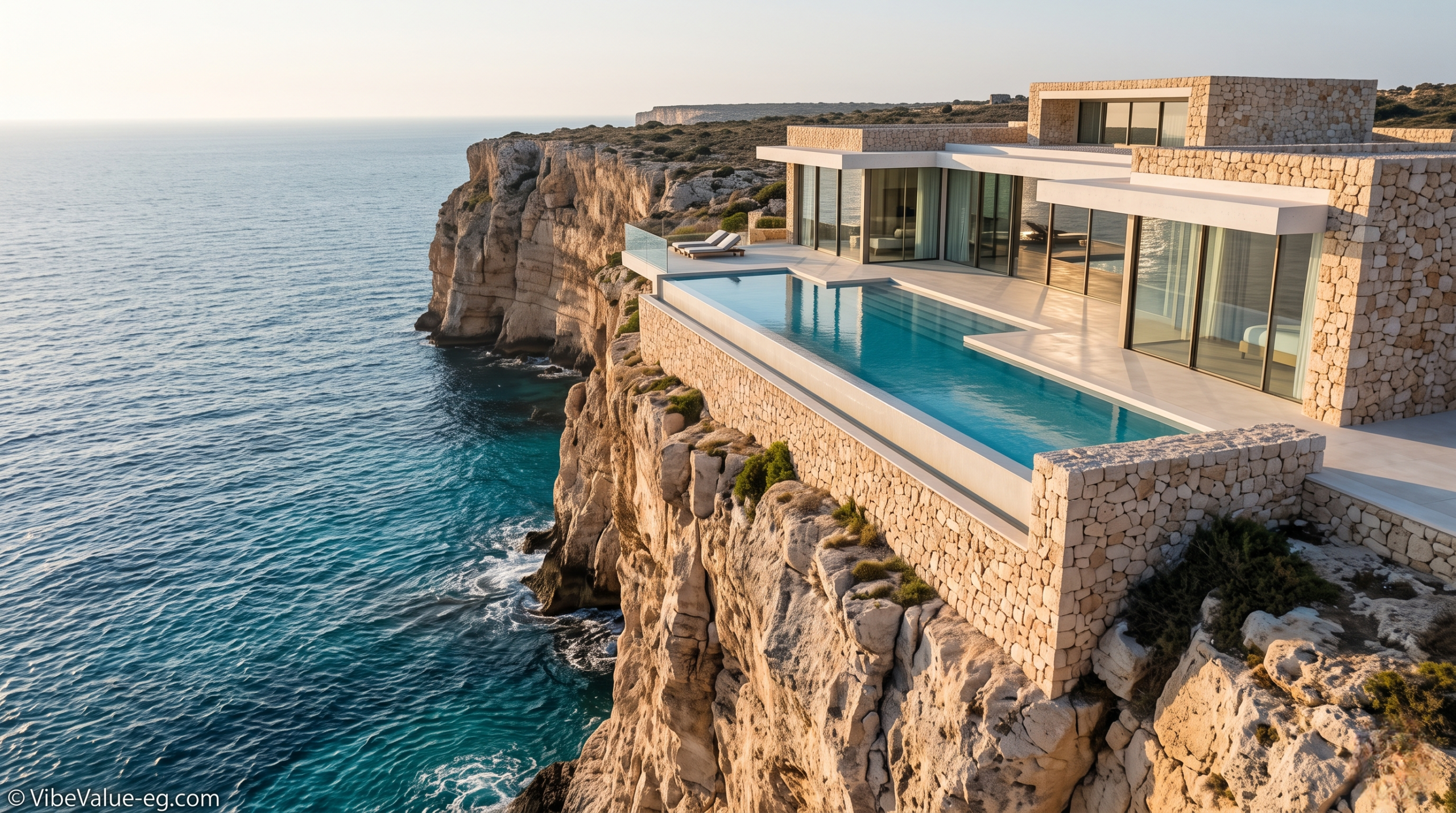 Hyper-realistic exterior shot of a modern luxury villa carved into the Ageeba Plateau cliffs, looking out over the turquoise Mediterranean Sea © VibeValue-eg.com