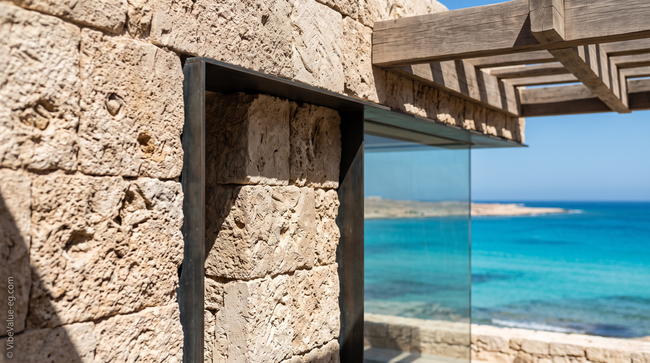 Close-up texture shot of "Organic Architecture" on the Ageeba Plateau, showing the integration of rough local limestone, glass, and sustainable design © VibeValue-eg.com