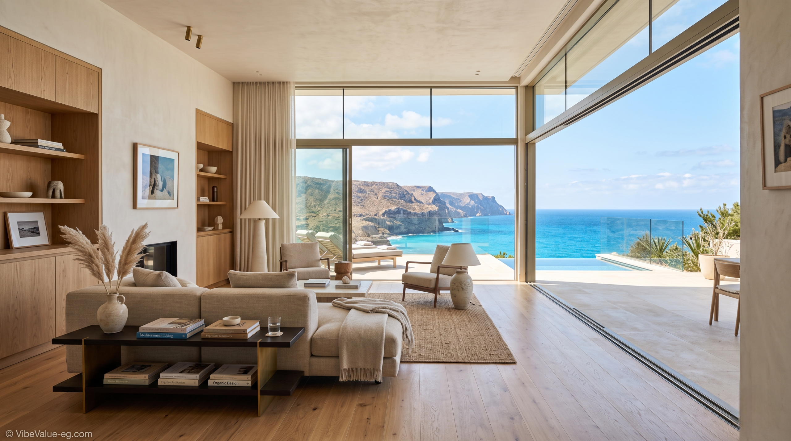 Ultra-luxurious interior living space of an Ageeba Plateau property, featuring modern design and panoramic views of the Mediterranean coastline © VibeValue-eg.com