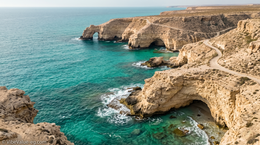 The raw limestone cliffs of Agiba Beach near Marsa Matruh, showcasing authentic Mediterranean heritage © VibeValue-eg.com