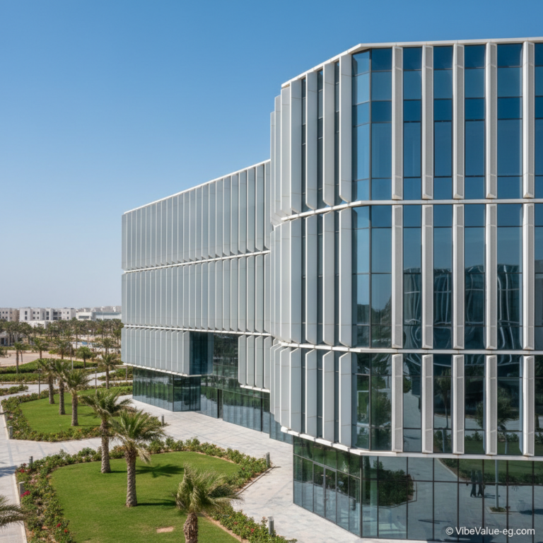 Professional architectural photography of a modern research center at Alamein International University in New Alamein City, featuring a sleek glass facade, smart infrastructure, and manicured palm tree gardens under a clear blue sky