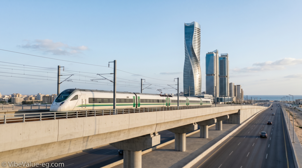 The Green High-Speed Electric Train connecting Cairo passing near the New Alamein skyscrapers at dawn © VibeValue-eg.com