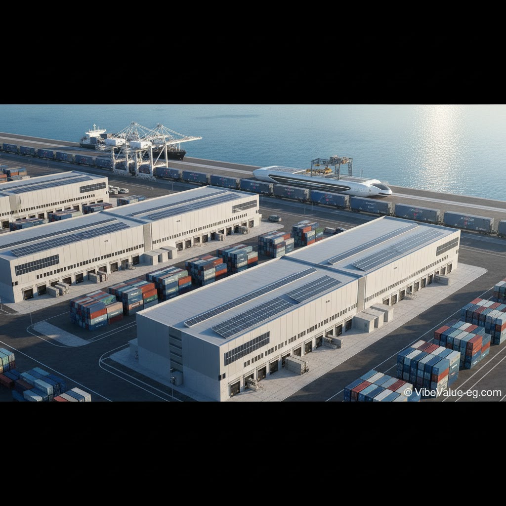 Modern industrial logistics zone at Gargoub Port featuring automated warehouses and cargo terminals.