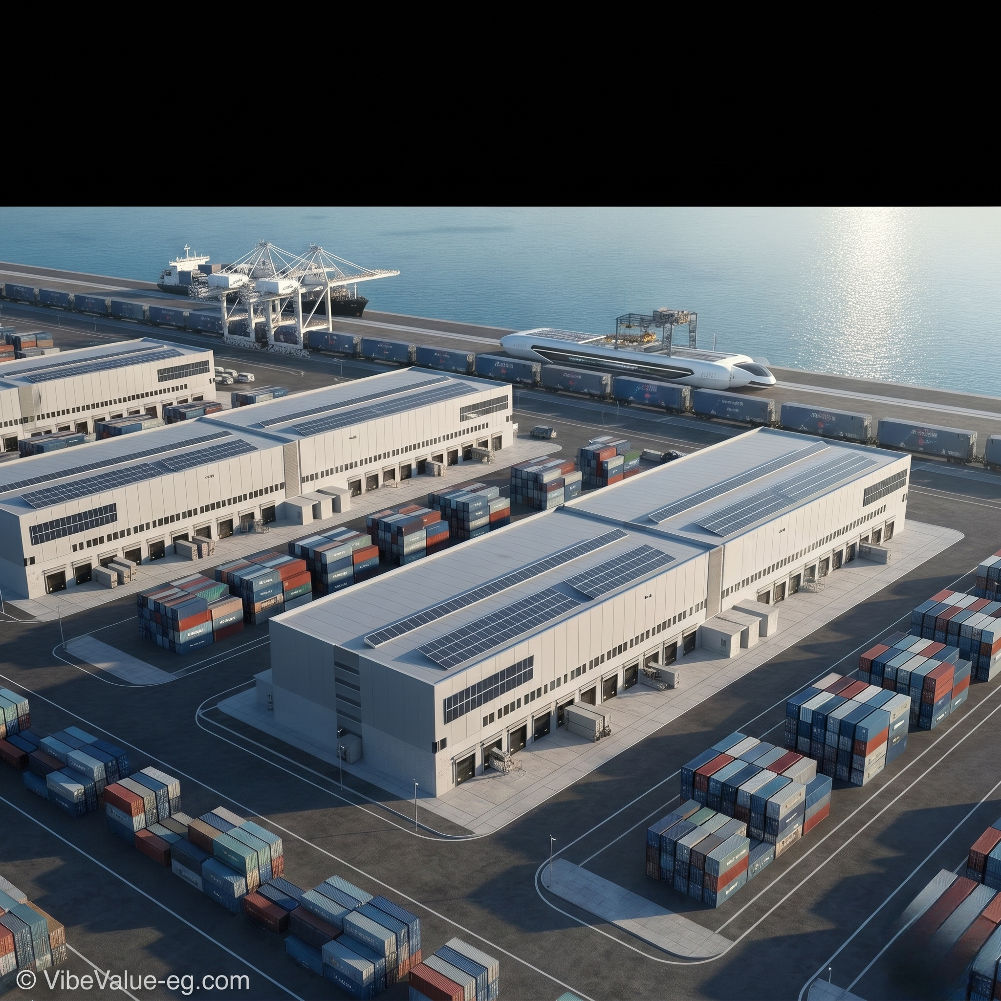 Modern industrial logistics zone at Gargoub Port featuring automated warehouses and cargo terminals © VibeValue-eg.com