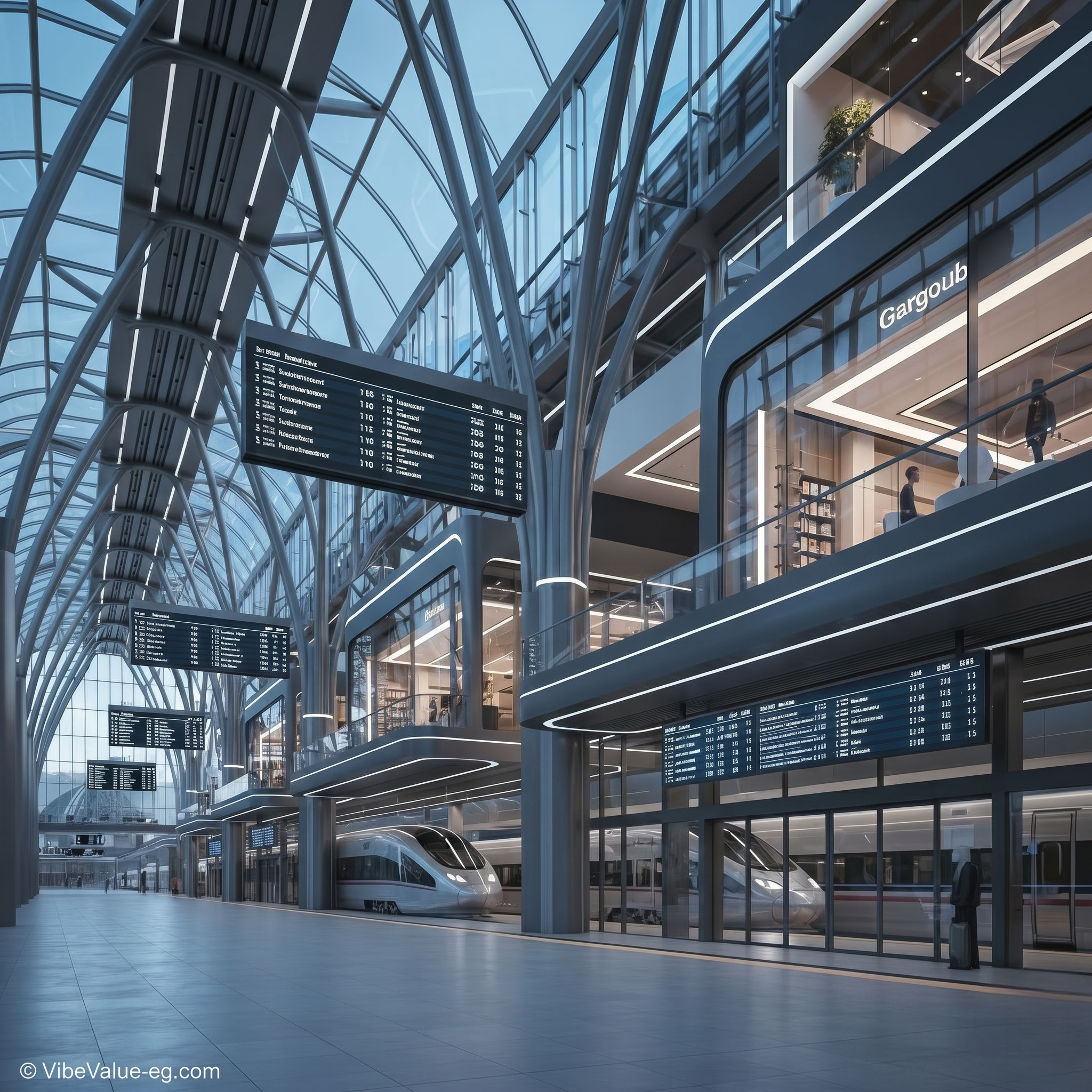Futuristic interior of Gargoub high-speed train terminal featuring advanced architecture and retail spaces © VibeValue-eg.com