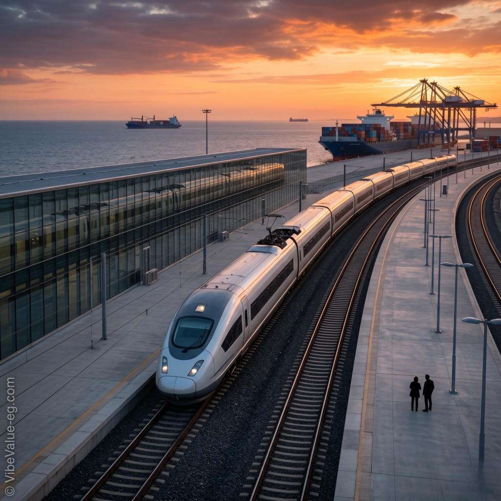 A modern, sleek high-speed passenger train (InterCity) is pulling into a state-of-the-art railway terminal at sunset. The train is on a elevated curved track next to a large glass-walled station building that reflects the warm light. Across the track is a large commercial seaport with multiple container cranes and a large cargo ship © VibeValue-eg.com