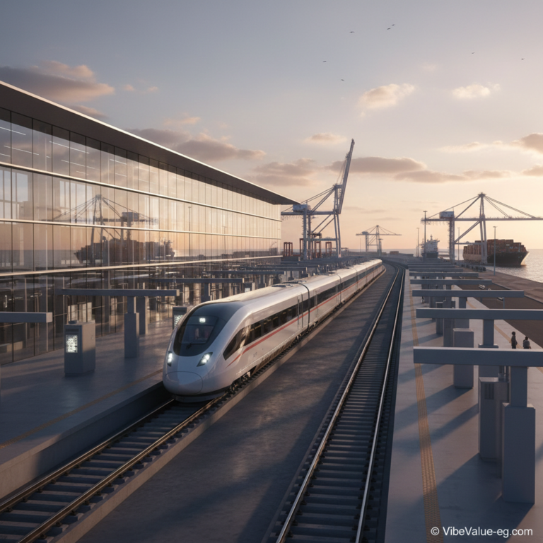 Futuristic High-Speed Electric Train arriving at the modern Gargoub Port terminal during sunset 2026