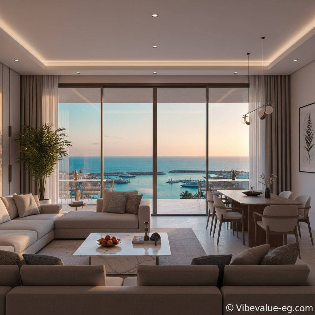 Luxury interior design of a residential unit in Ras El Hekma with a panoramic view of the private marina and Mediterranean sea