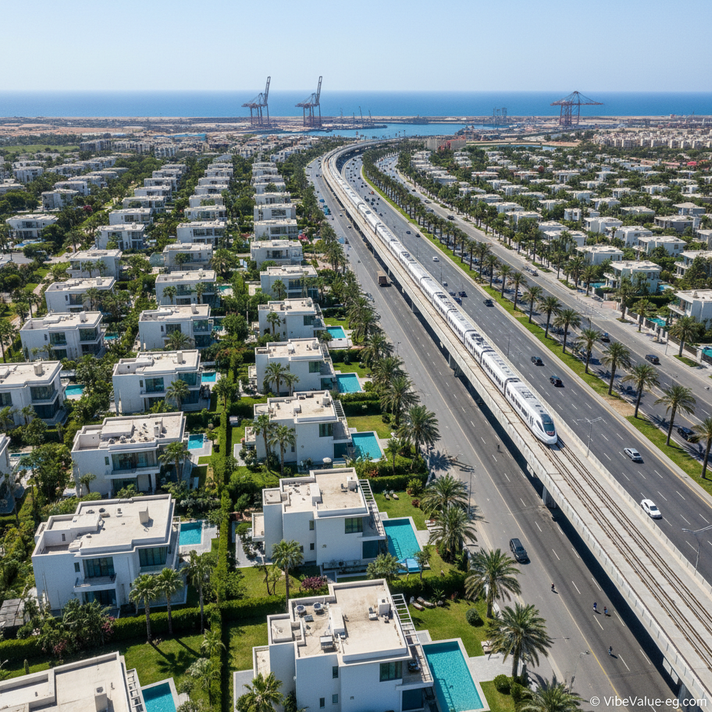 Aerial view of luxury villas and modern high-speed electric train tracks in Marsa Matruh 2026.