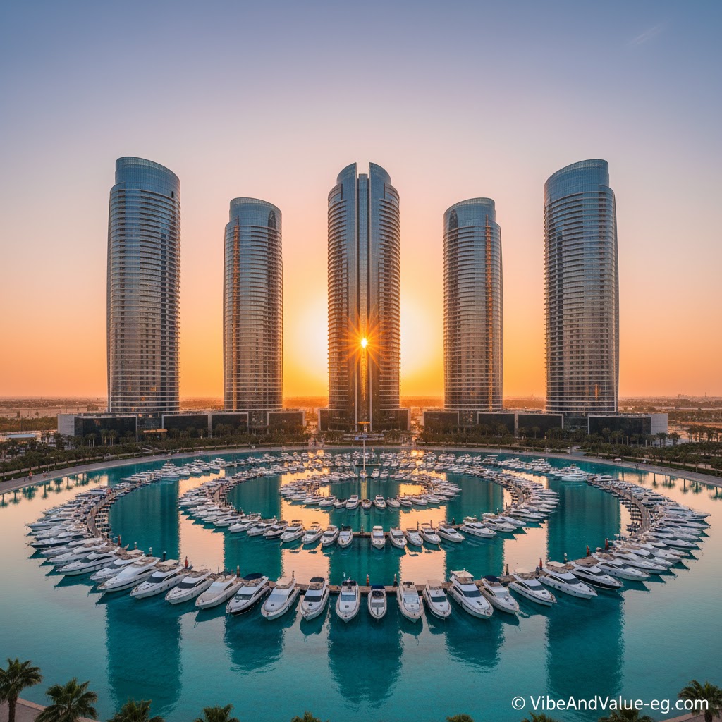 Luxury beachfront towers and smart marina in New Alamein City at sunset 2026