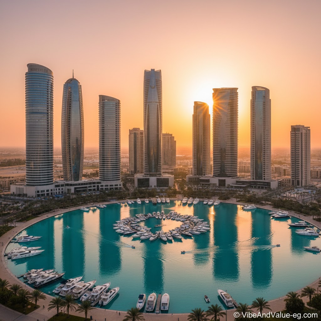 Skyscrapers and luxury yachts in New Alamein City marina at sunset