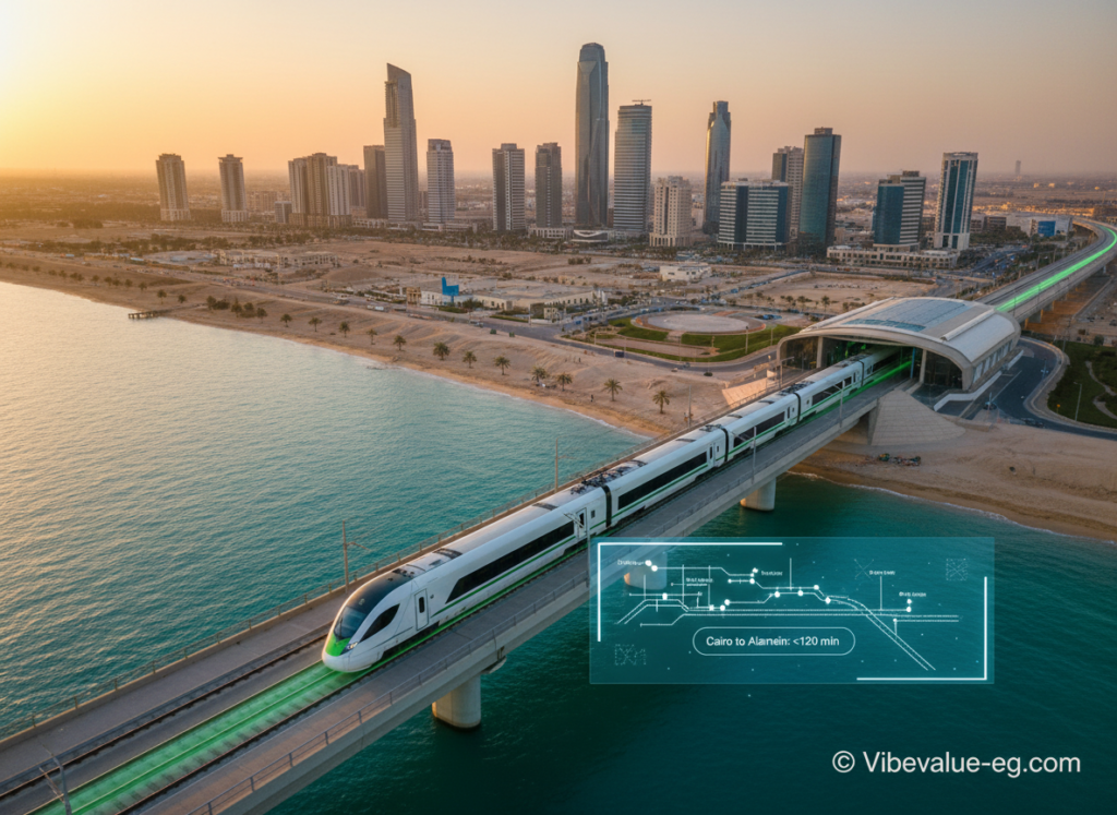 High-speed electric train connecting Cairo to New Alamein skyscrapers, representing Egypt's North Coast infrastructure development 2026.