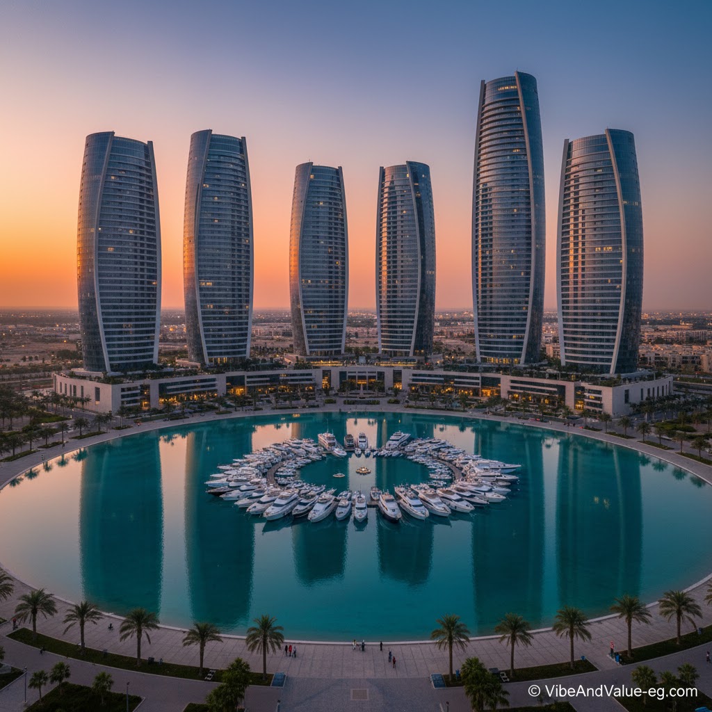 Symmetrical architectural design of New Alamein skyscrapers over the circular marina at sunset