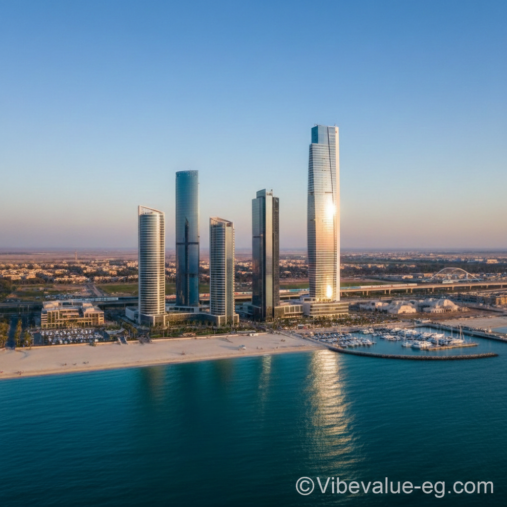 "Aerial view of New Alamein iconic skyscrapers and crystal Mediterranean beach at sunset, representing prime real estate investment in Egypt's North Coast 2026."