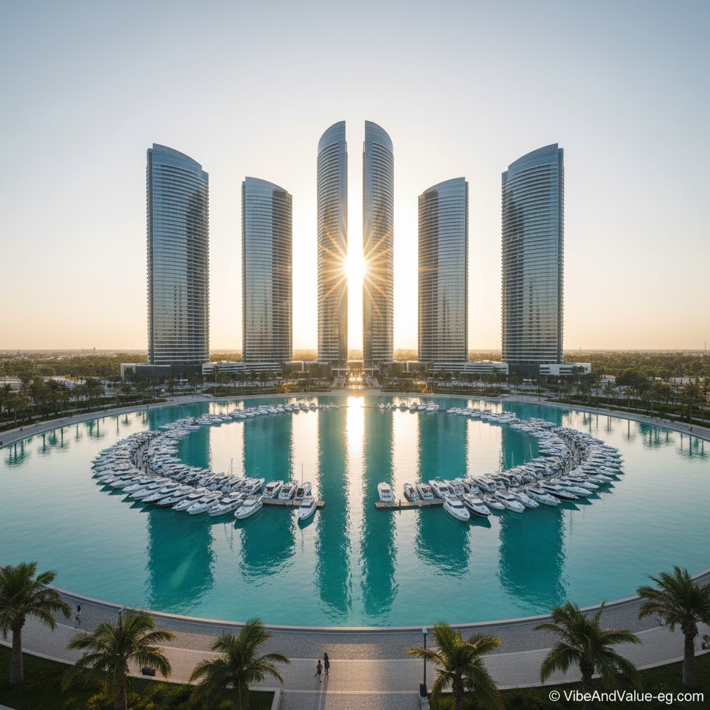 Symmetrical skyscraper design and luxury marina lagoon in New Alamein City