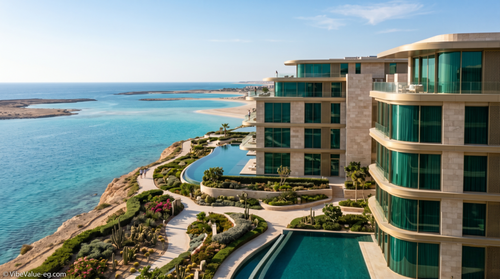 Architectural view of high-end branded residences in Ras El Hekma overlooking the Mediterranean coastline © VibeValue-eg.com