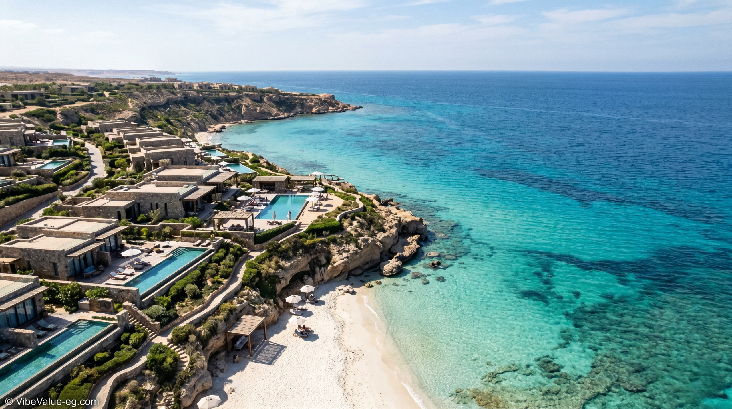 Aerial perspective of a low-density luxury boutique resort in Sidi Heneish with 180-degree Mediterranean views © VibeValue-eg.com