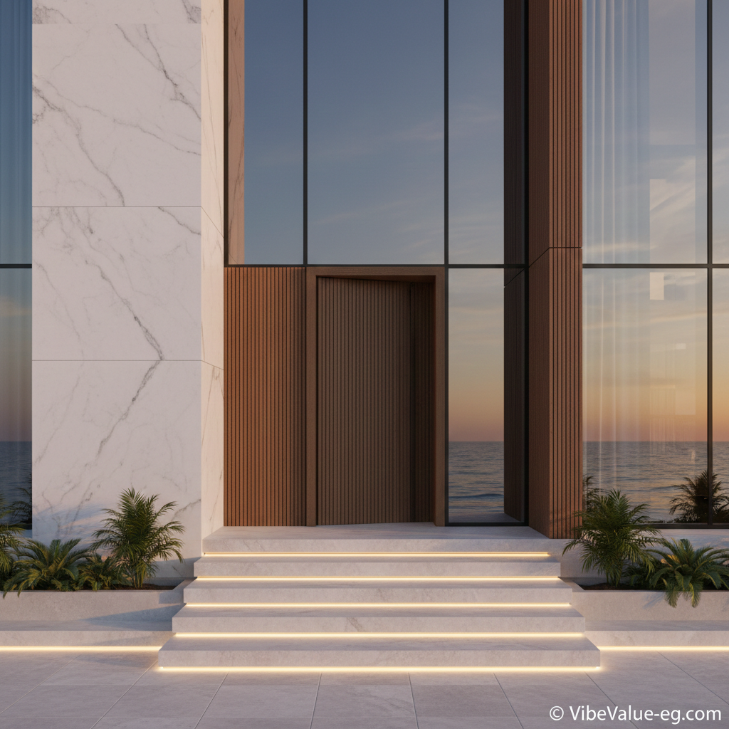 Sidi Heneish Investment premium villa entrance with sunset sea view and luxury lighting 2026