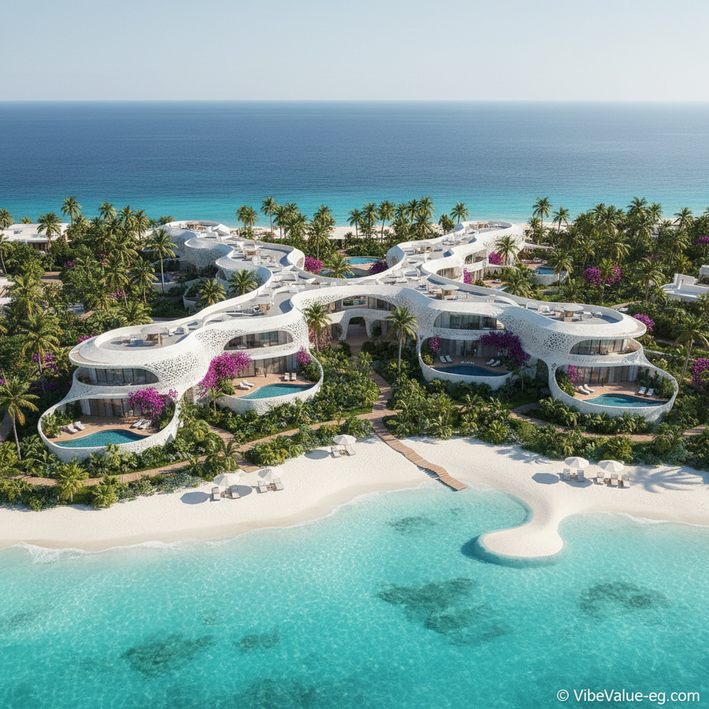 Aerial view of a luxury boutique resort in Sidi Heneish overlooking turquoise Mediterranean waters
