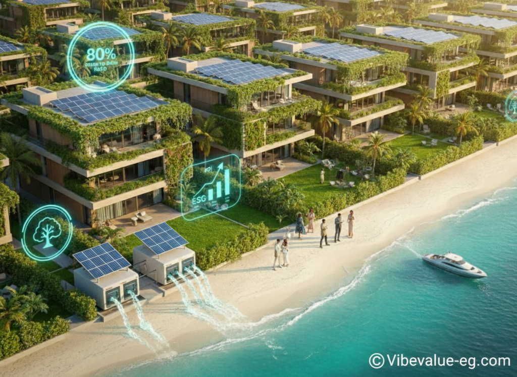 "Sustainable luxury villas in Ras El Hekma with solar panels and green architecture, showcasing ESG investment standards in Egypt's North Coast."