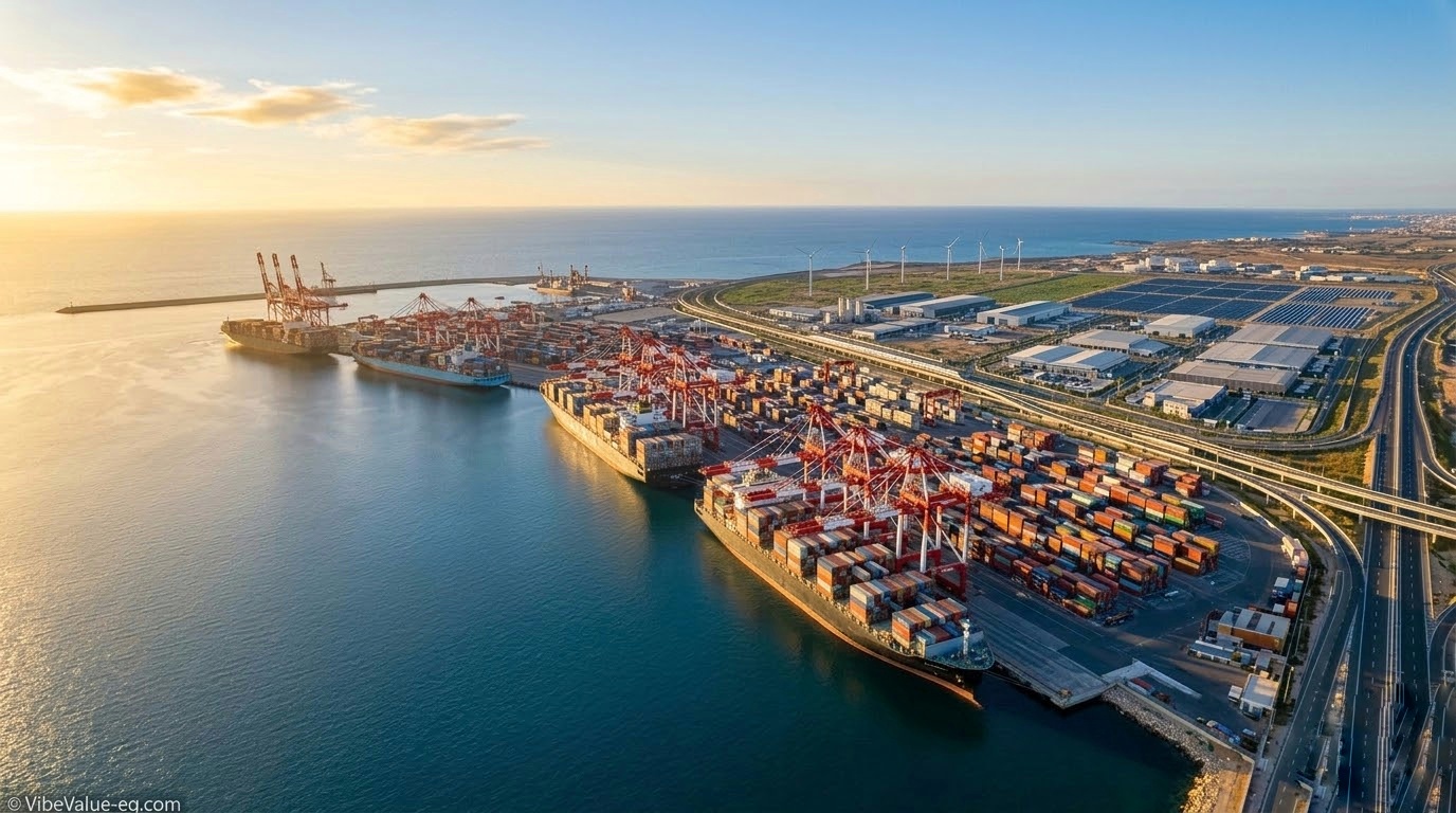Panoramic 4K view of Gargoub International Port at sunset featuring massive container ships and green energy hubs with the VibeValue watermark in the bottom-left