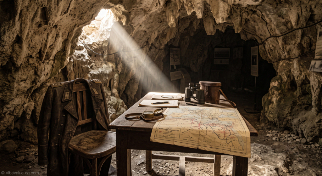 An ultra-realistic interior view of the Rommel Museum cave in Marsa Matruh, featuring a vintage wooden table displaying Field Marshal Erwin Rommel's original possessions, including a handwritten tactical map, a weathered leather officer's coat, a brass compass, and binoculars © VibeValue-eg.com
