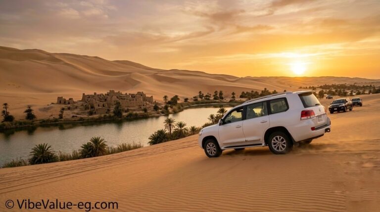 Luxury 4x4 vehicles exploring the Great Sand Sea during Egypt safari tours in Siwa Oasis at sunset