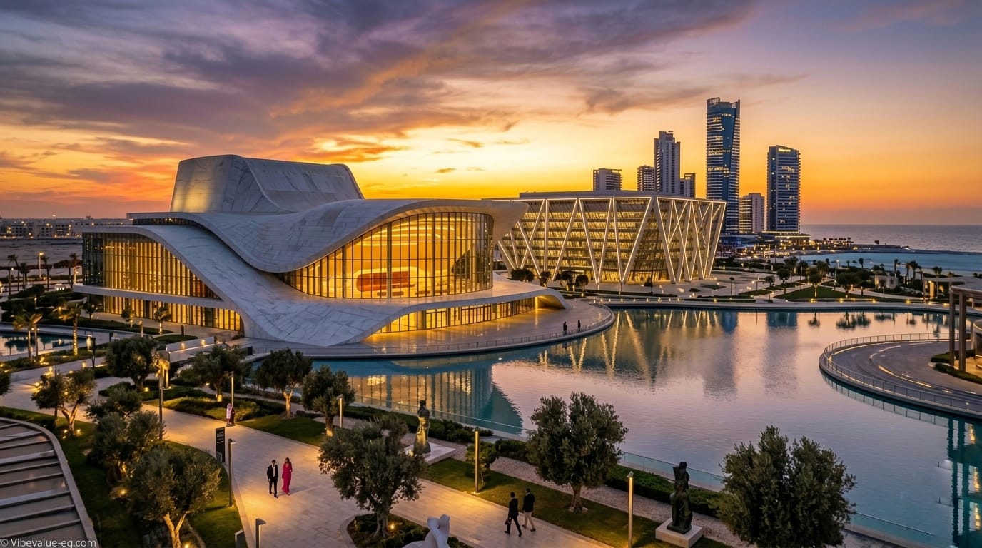 A cinematic sunset view of the Grand Opera House and Library in New Alamein City of Arts and Culture, symbolising Egypt's cultural and investment enlightenment
