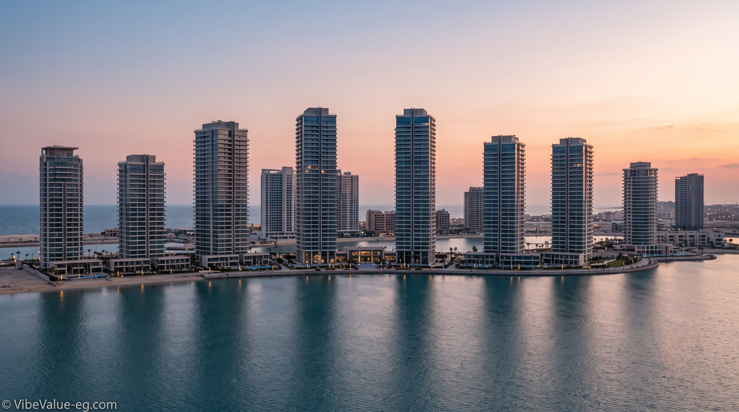 New Alamein skyline and architectural towers reflecting over the Mediterranean Sea at sunset © VibeValue-eg.com