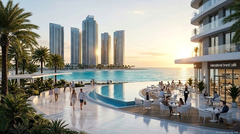 A cinematic 4K view of New Alamein skyline and Mediterranean towers for permanent North Coast living