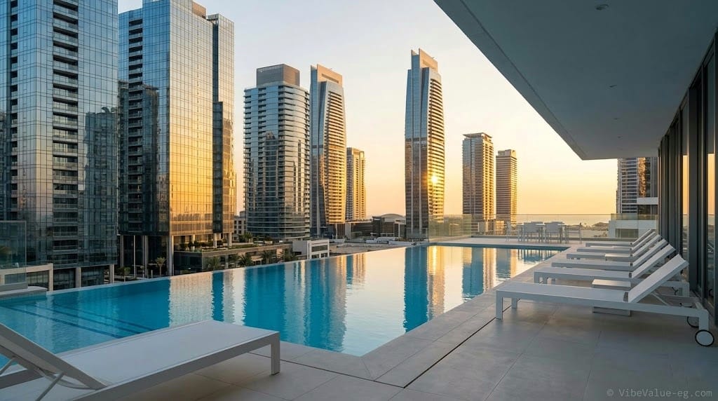A cinematic 4K view of New Alamein skyline and Mediterranean towers for permanent North Coast living