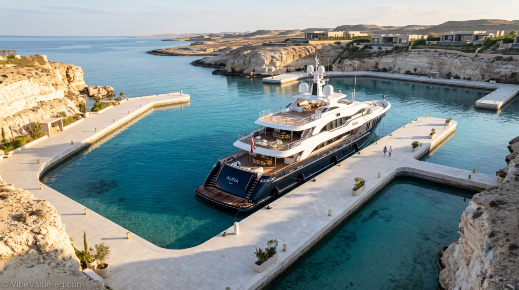 Ultra-luxury mega-yacht docked in the master-planned deep-water marina of Ras El Hekma © VibeValue-eg.com