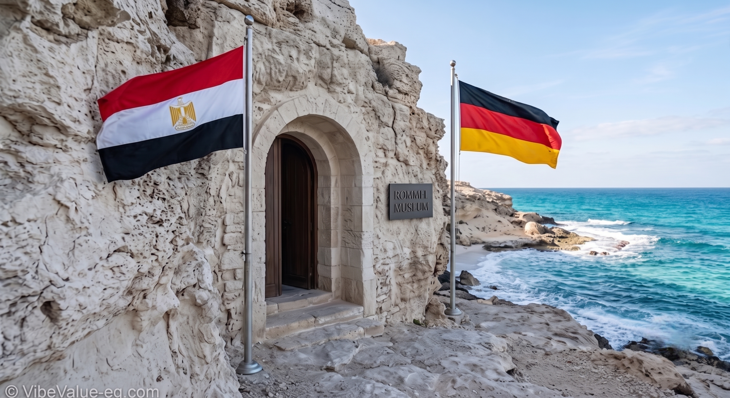 The exterior entrance of the Rommel Museum Matruh, carved directly into the natural limestone cliffs of Marsa Matruh