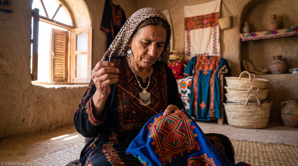 Siwan woman artisan expertly hand-stitching traditional embroidery on dynamic clothing inside a sunlit mud-brick home, highlighting local craftsmanship and cultural heritage during an eco-conscious Egypt safari tour © VibeValue-eg.com